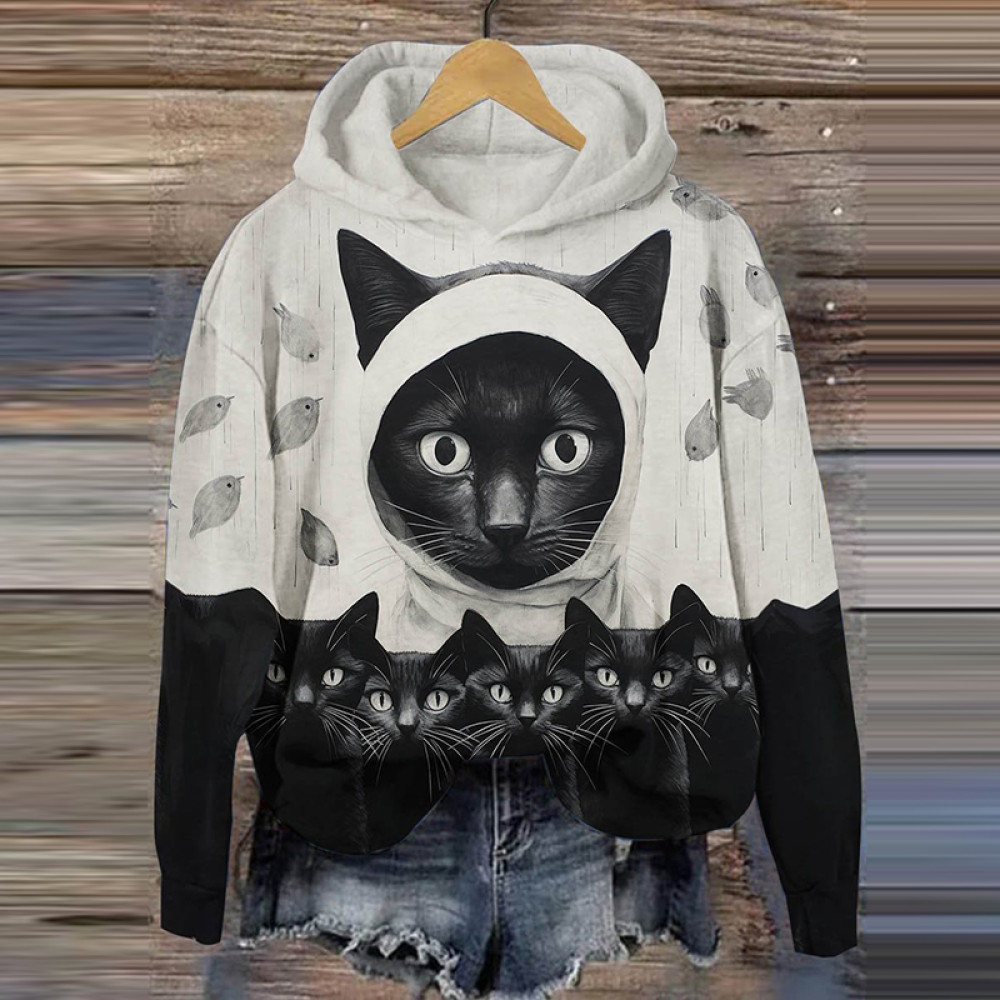 Funny Black Cat Art Print Casual Hoodie Sweatshirt