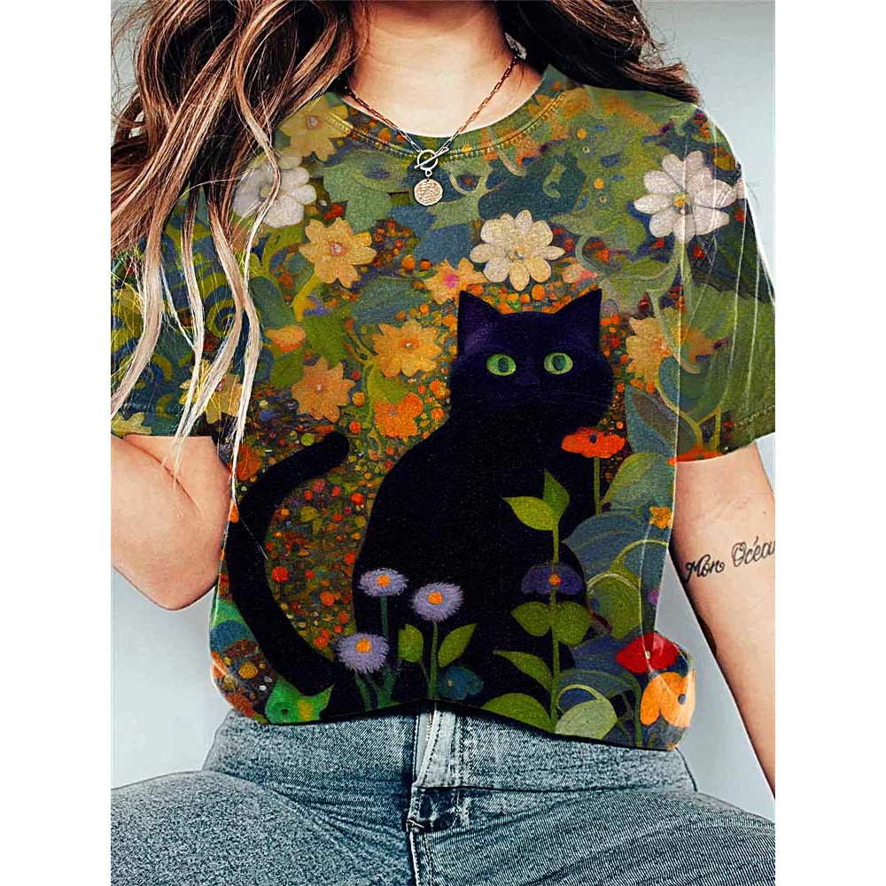 Funny Black Cat Floral Print Vintage T-Shirt