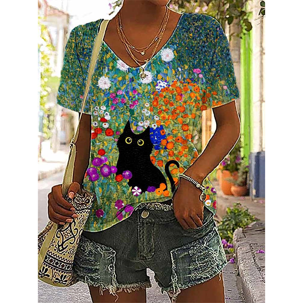Funny Black Cat Flower Art Painting Print T-Shirt