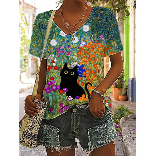 Funny Black Cat Flower Art Painting Print T-Shirt