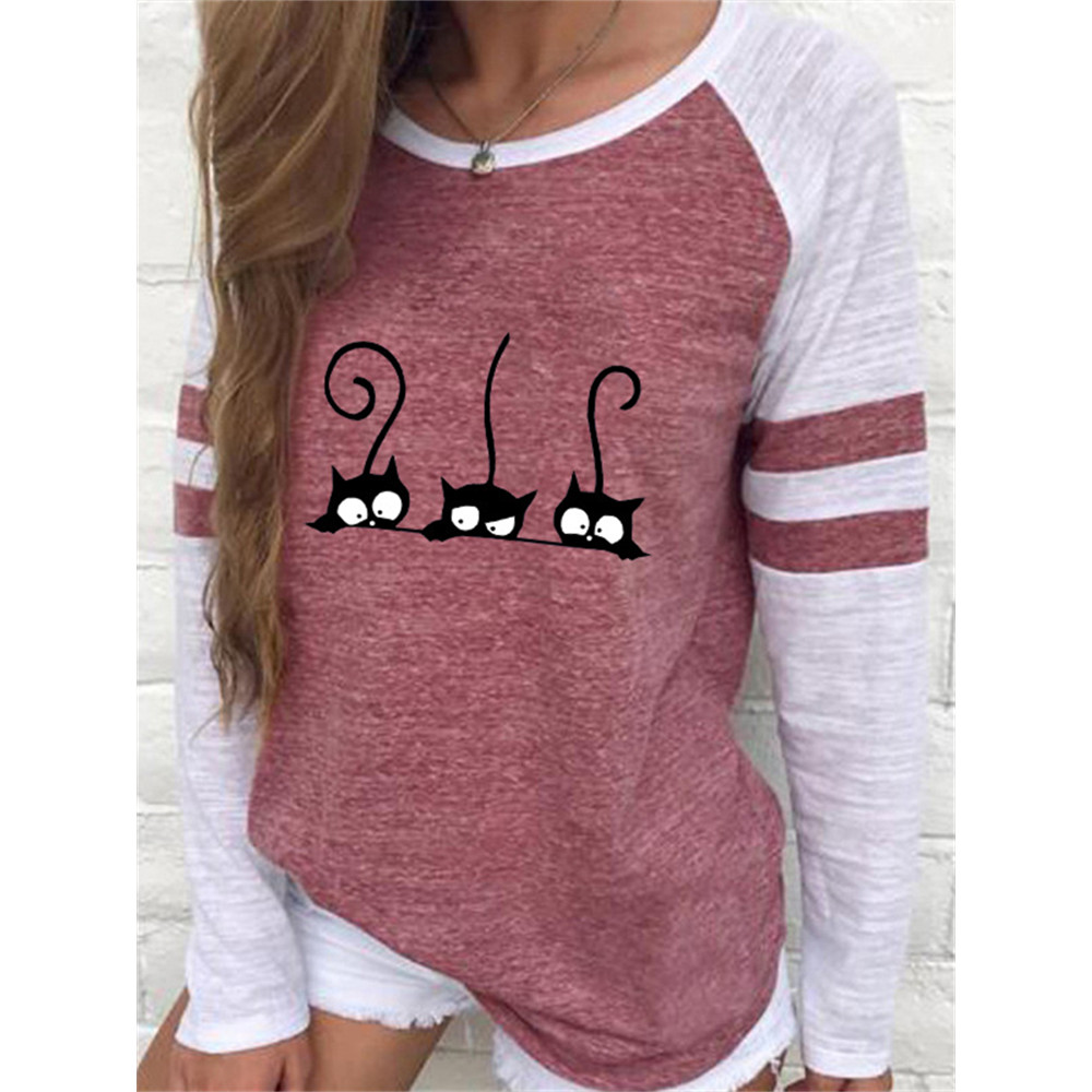 Funny Black Cats Print Patchwork T Shirt