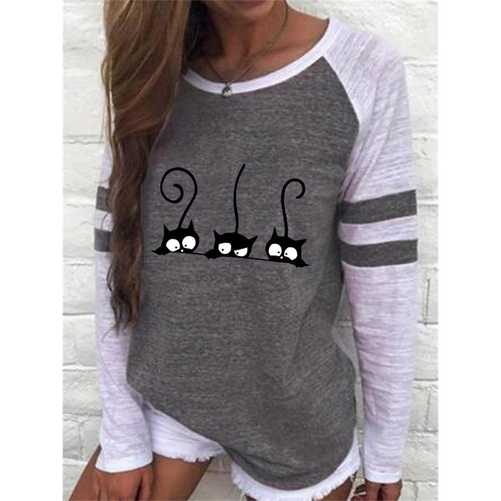 Funny Black Cats Print Patchwork T Shirt