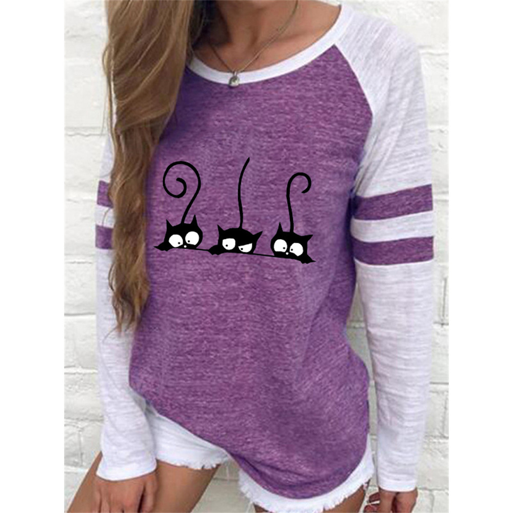 Funny Black Cats Print Patchwork T Shirt