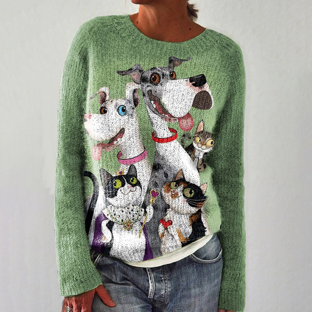 Funny Cat And Dog Print Casual Knit Pullover Sweater