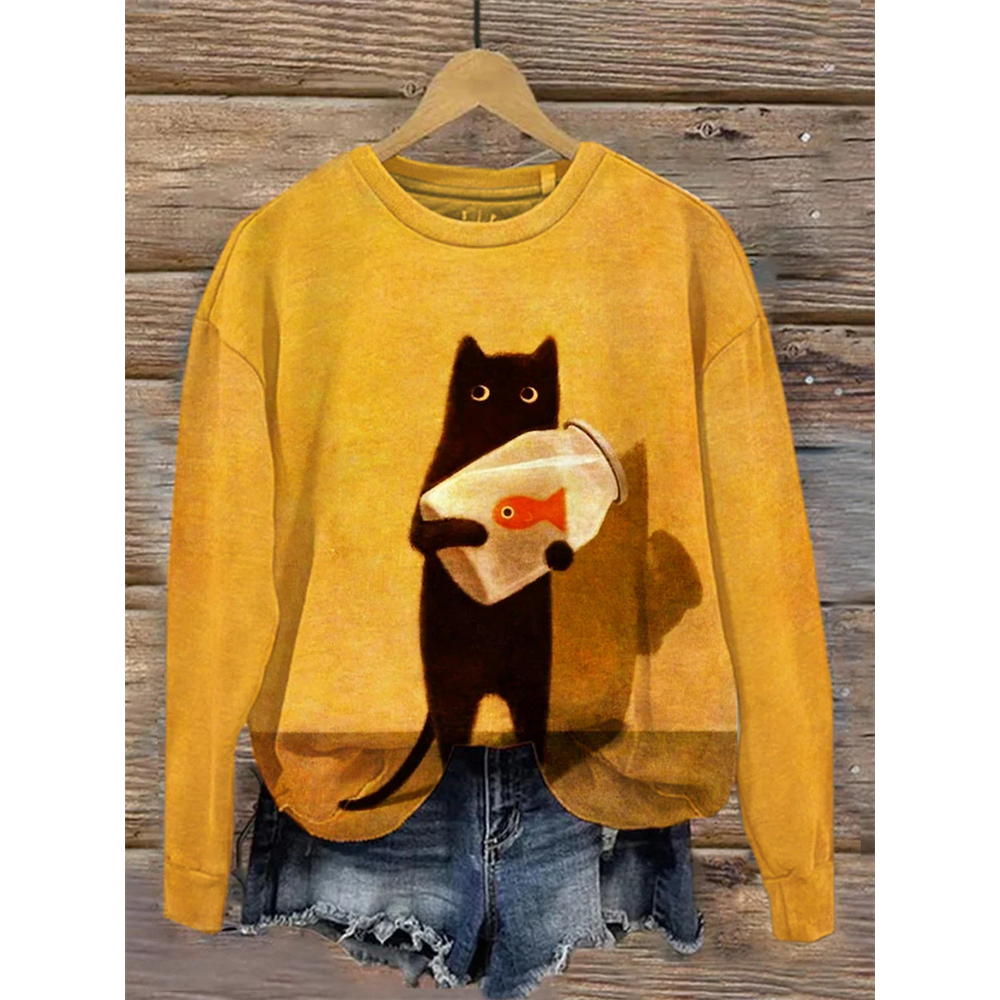 Funny Cat Art Painting Crew Neck Sweatshirt