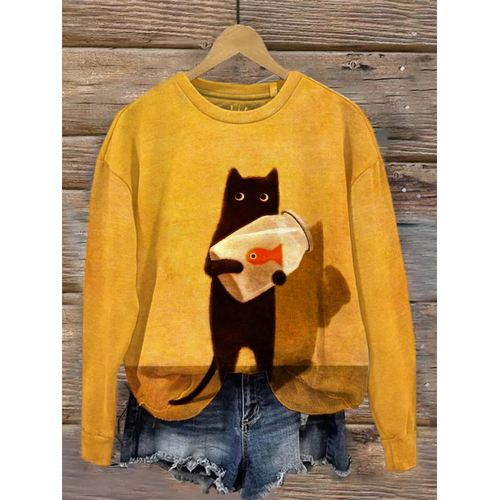 Funny Cat Art Painting Crew Neck Sweatshirt