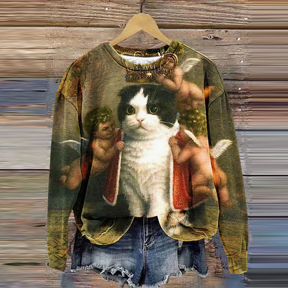 Funny Cat Art Print Casual Round Neck Sweatshirt