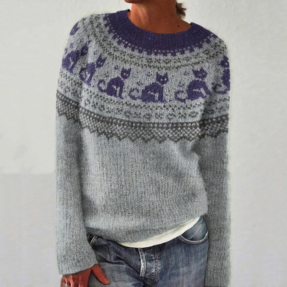 Funny Cat Art Print Color Block Pullover Knitted Sweater