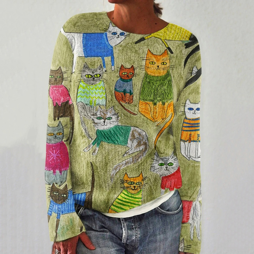 Funny Cat Art Print Pullover Knitted Sweater