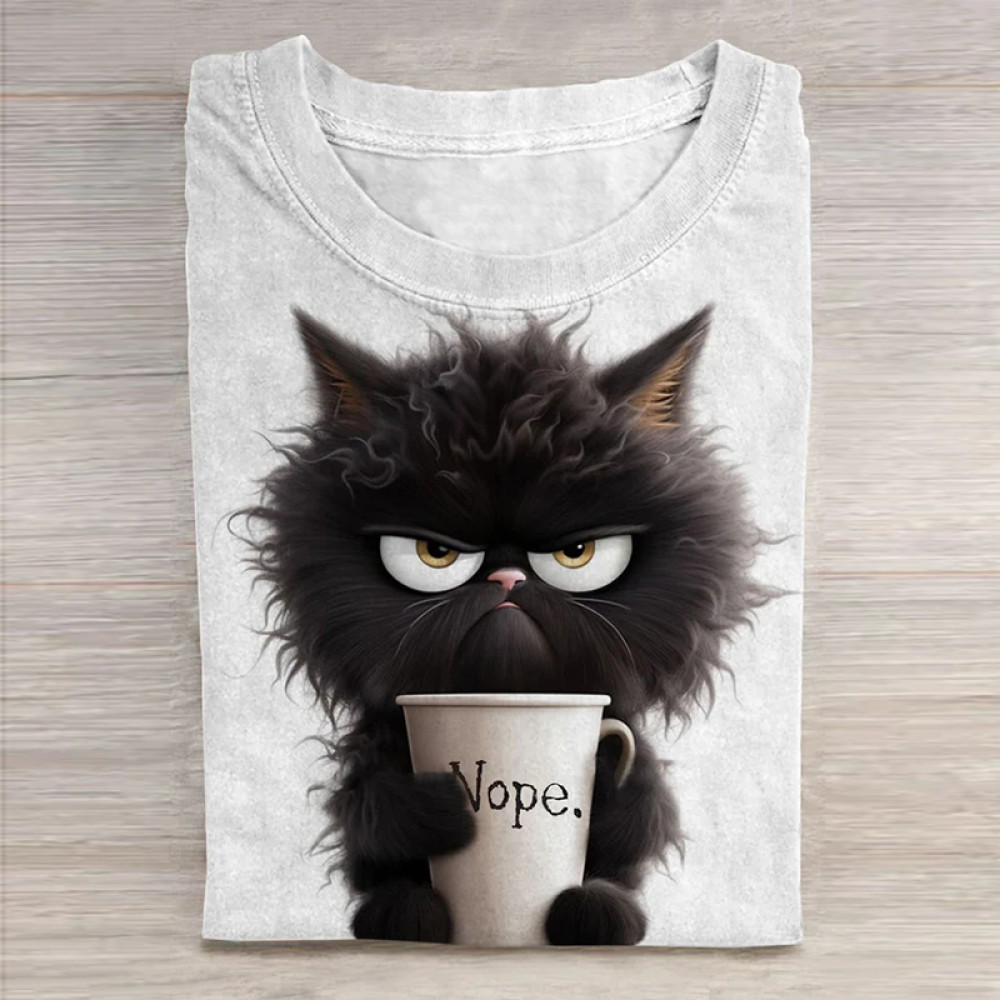 Funny Cat Art Print Round Neck T-Shirt