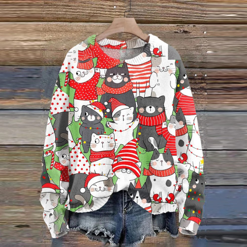 Funny Cat Christmas Print Knit Pullover Sweater