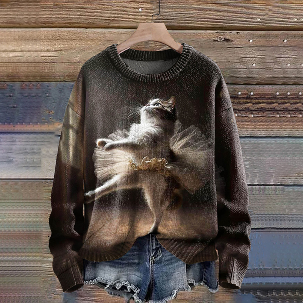 Funny Cat Dancing Art Pattern Print Casual Knit Pullover Sweater