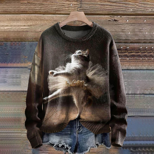 Funny Cat Dancing Art Pattern Print Casual Knit Pullover Sweater