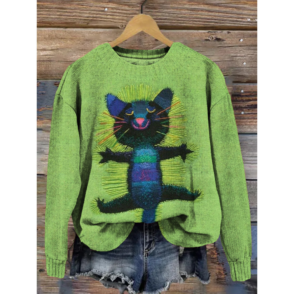 Funny Cat Embroidery Art Crew Neck Comfy Sweater