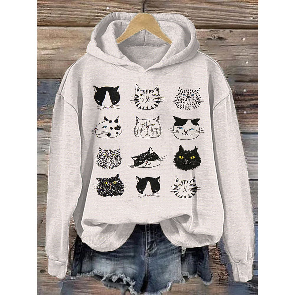 Funny Cat Faces Japanese Art Print Casual Hoodie