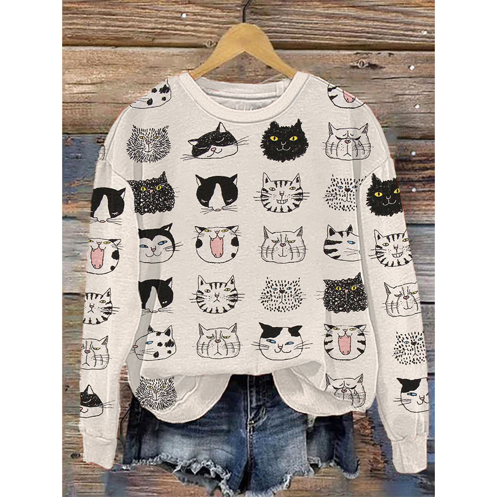 Funny Cat Faces Japanese Art Print Casual Sweatshirt