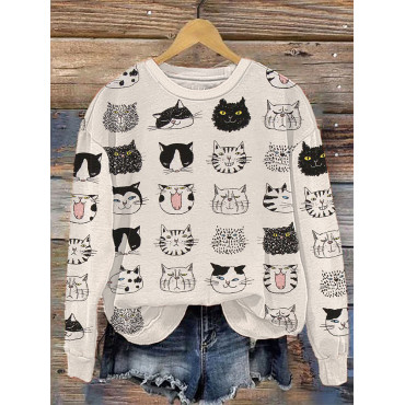 Funny Cat Faces Japanese Art Print Casual Sweatshirt