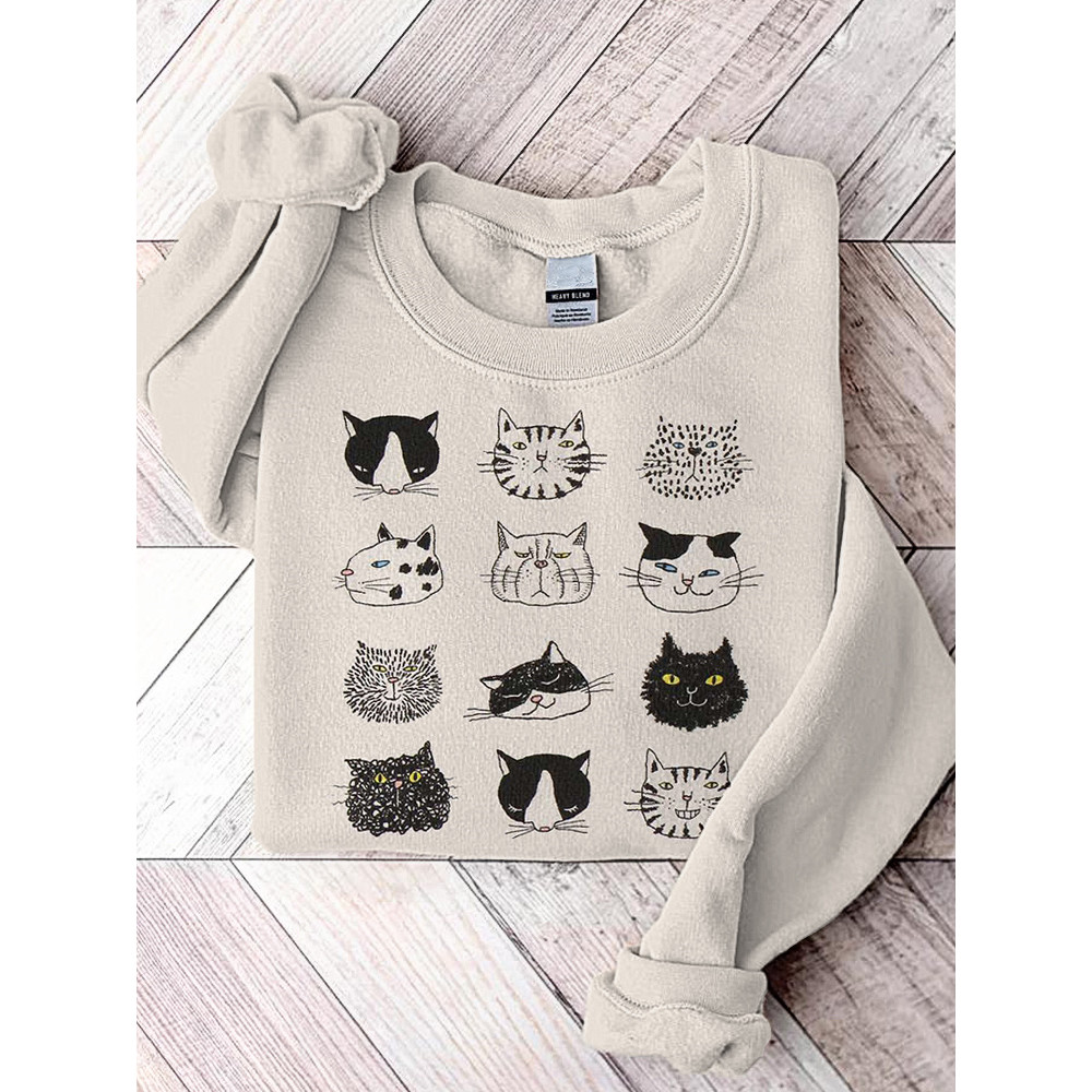 Funny Cat Faces Japanese Art Print Vintage Cozy Sweatshirt