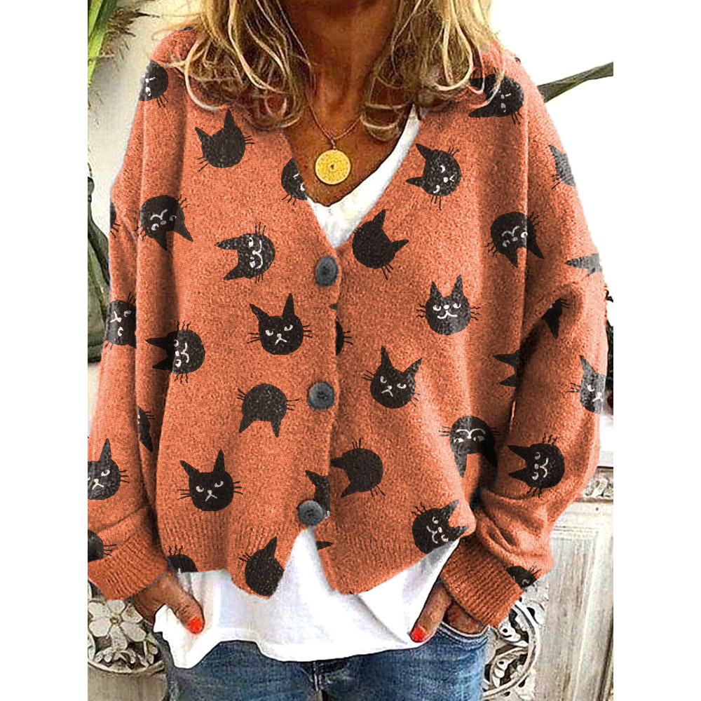 Funny Cat Faces Print Casual Comfortable Cardigan Sweater