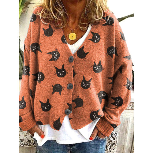 Funny Cat Faces Print Casual Comfortable Cardigan Sweater