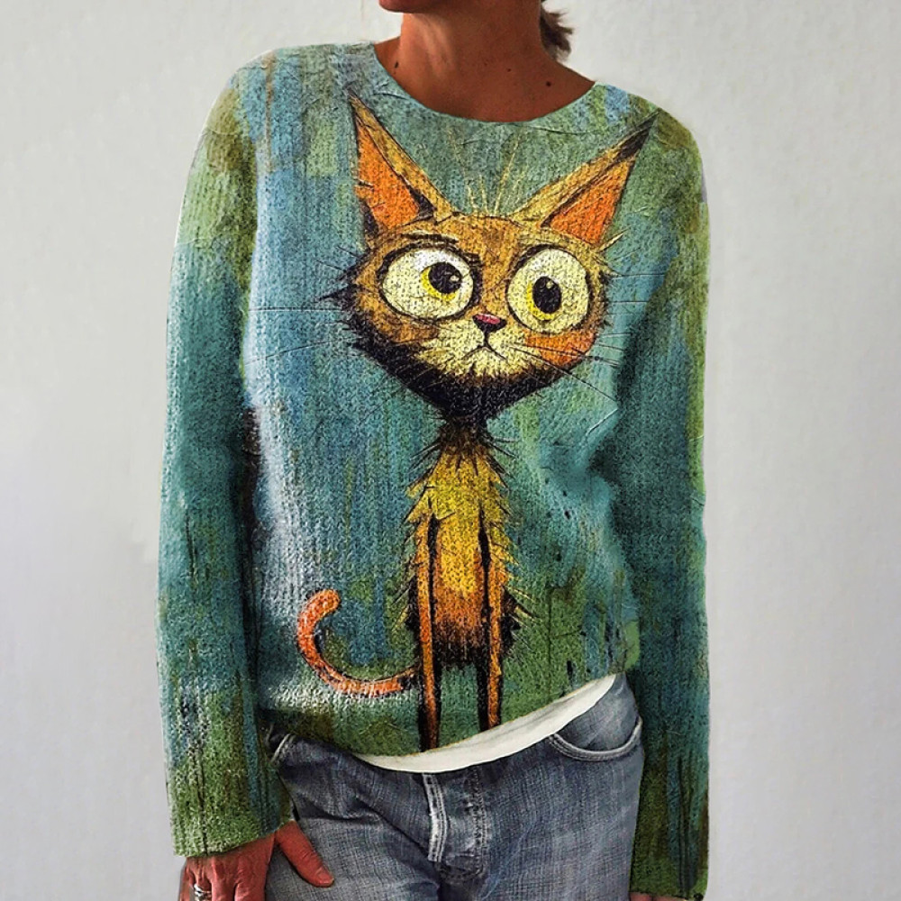 Funny Cat Graffiti Art Print Casual Knit Pullover Sweater