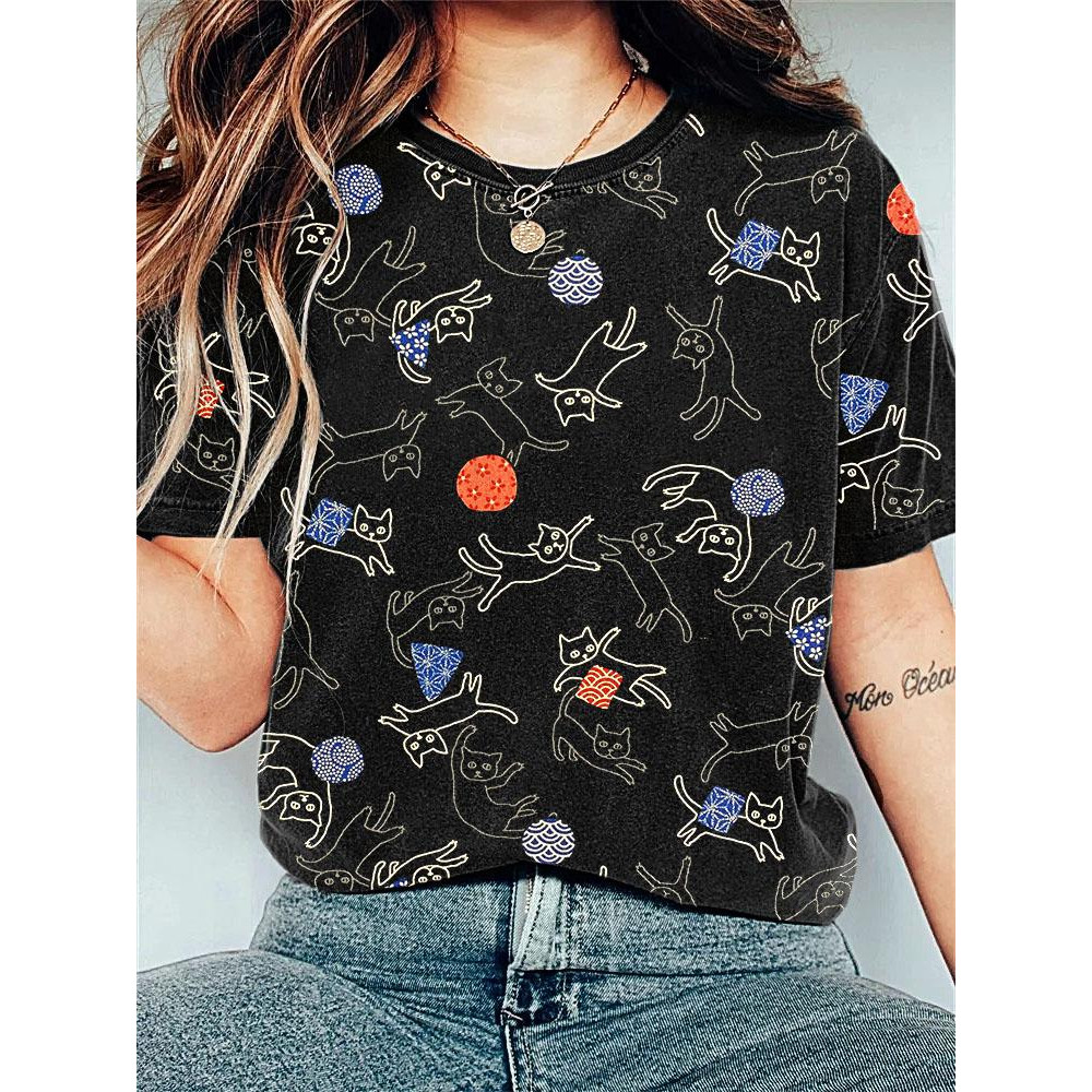 Funny Cat Japanese art print vintage T-shirt