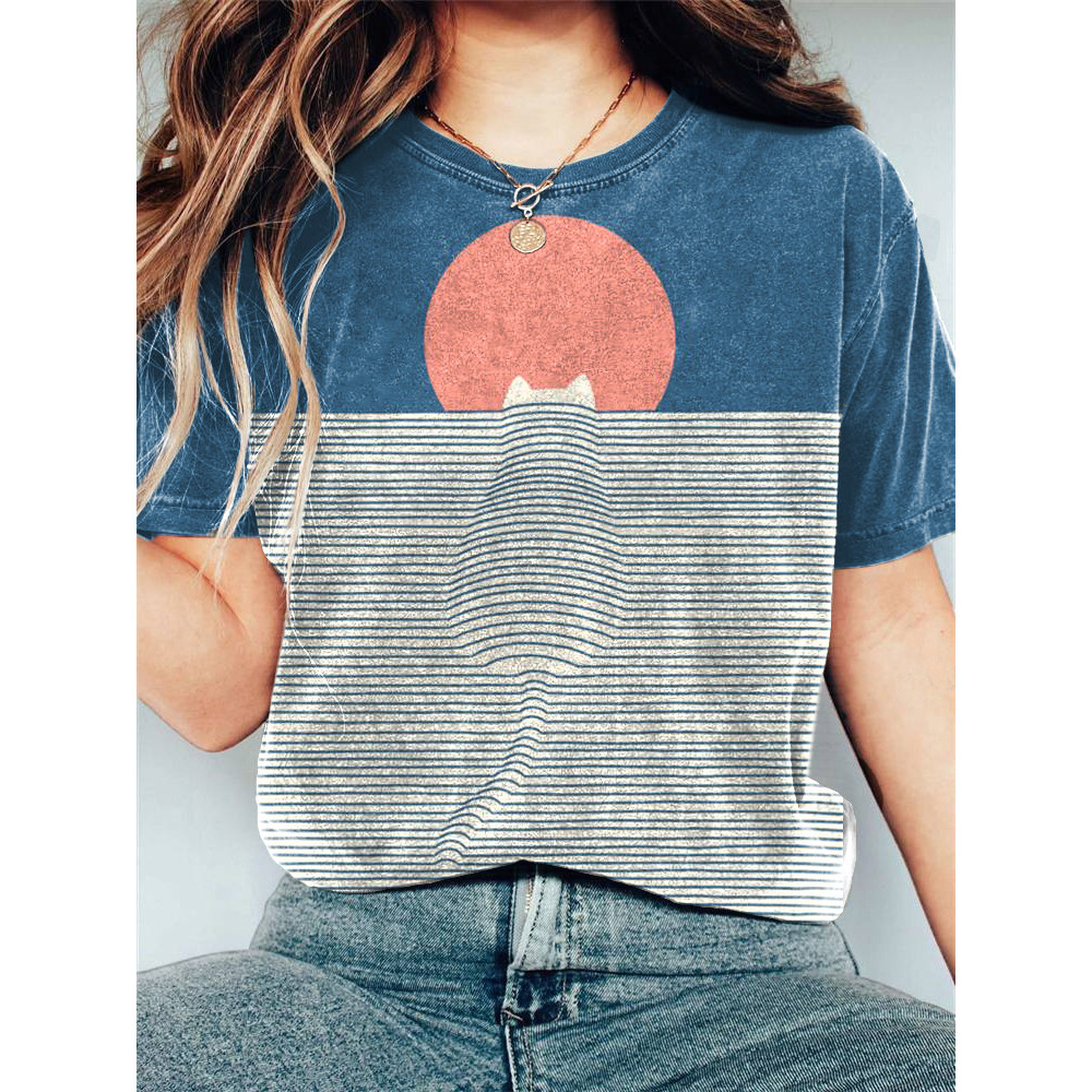 Funny Cat Landscape Print Casual Cotton T-Shirt