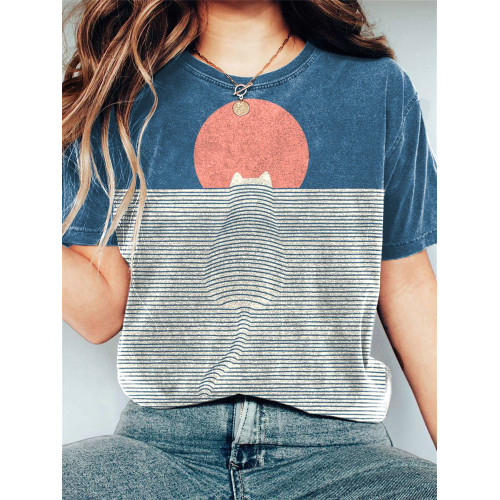 Funny Cat Landscape Print Casual Cotton T-Shirt