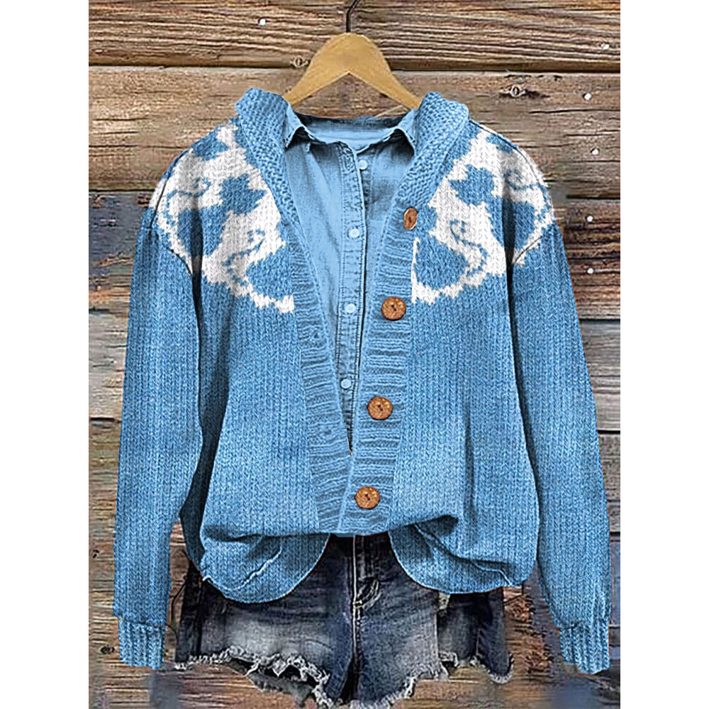 Funny Cat Print Casual Cozy Hooded Cardigan