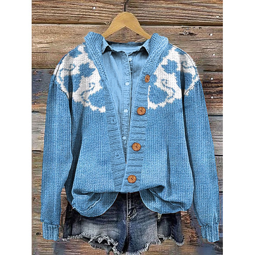 Funny Cat Print Casual Cozy Hooded Cardigan