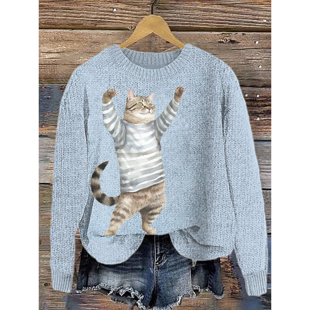 Funny Cat Print Casual Cozy knit Sweater