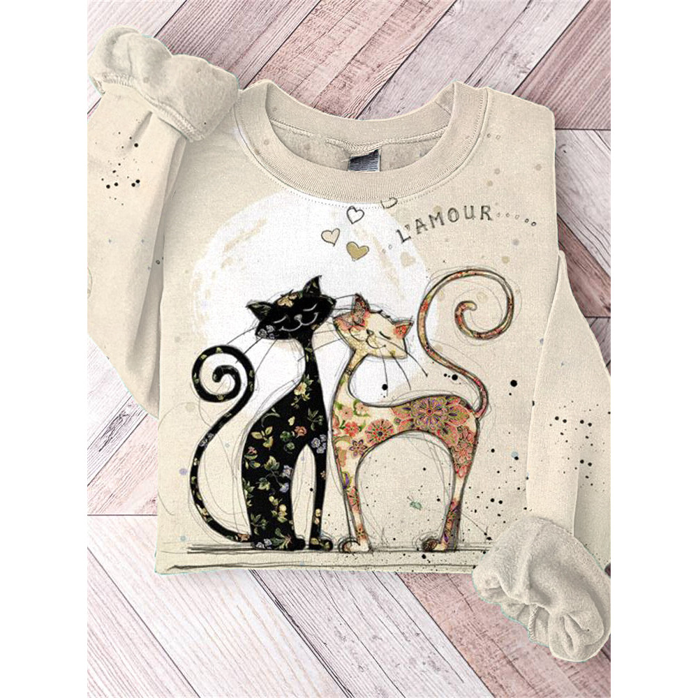 Funny Cat Print Casual Retro Sweatshirt