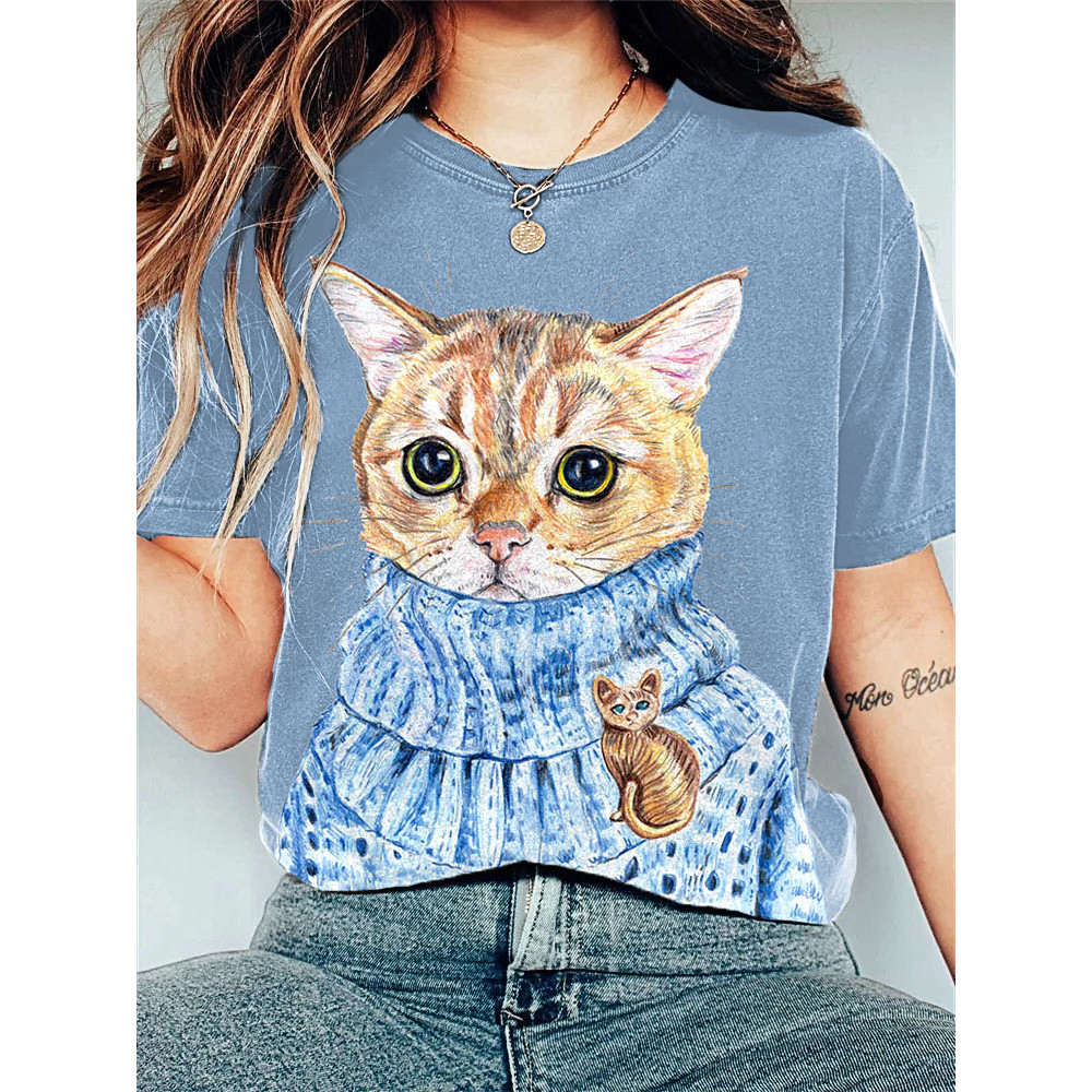 Funny Cat Print Casual Vintage T-Shirt