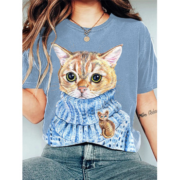 Funny Cat Print Casual Vintage T-Shirt