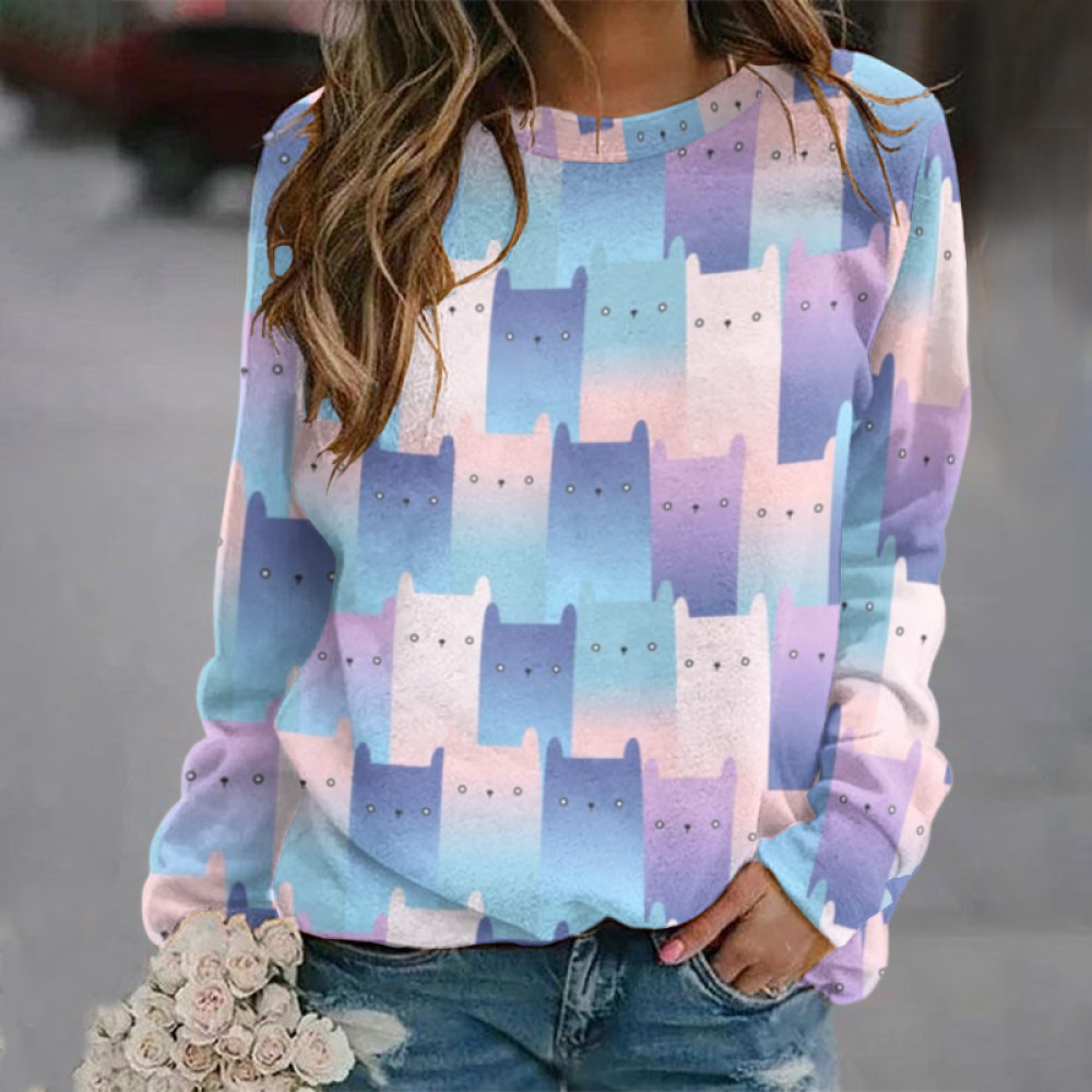 Funny Cat Print Color Block Long Sleeve Sweatshirt