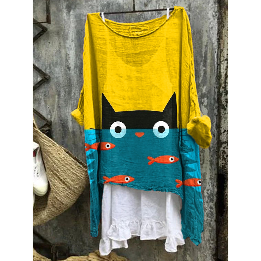 Funny Cat Print Linen Blend Casual Shirt