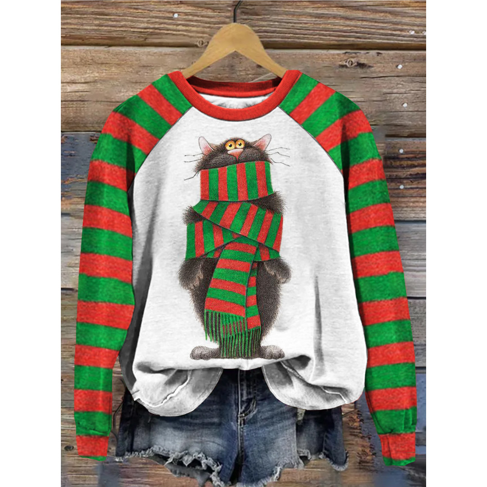 Funny Cat Wrapped in Scarf Pattern Print Comfy Sweatshirt