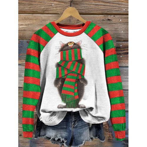 Funny Cat Wrapped in Scarf Pattern Print Comfy Sweatshirt