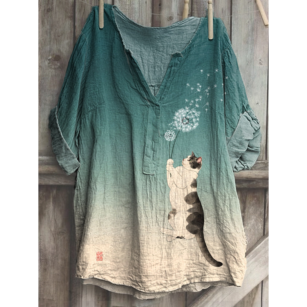 Funny Cat & Dandelion Print Cozy Cotton Linen Shirt