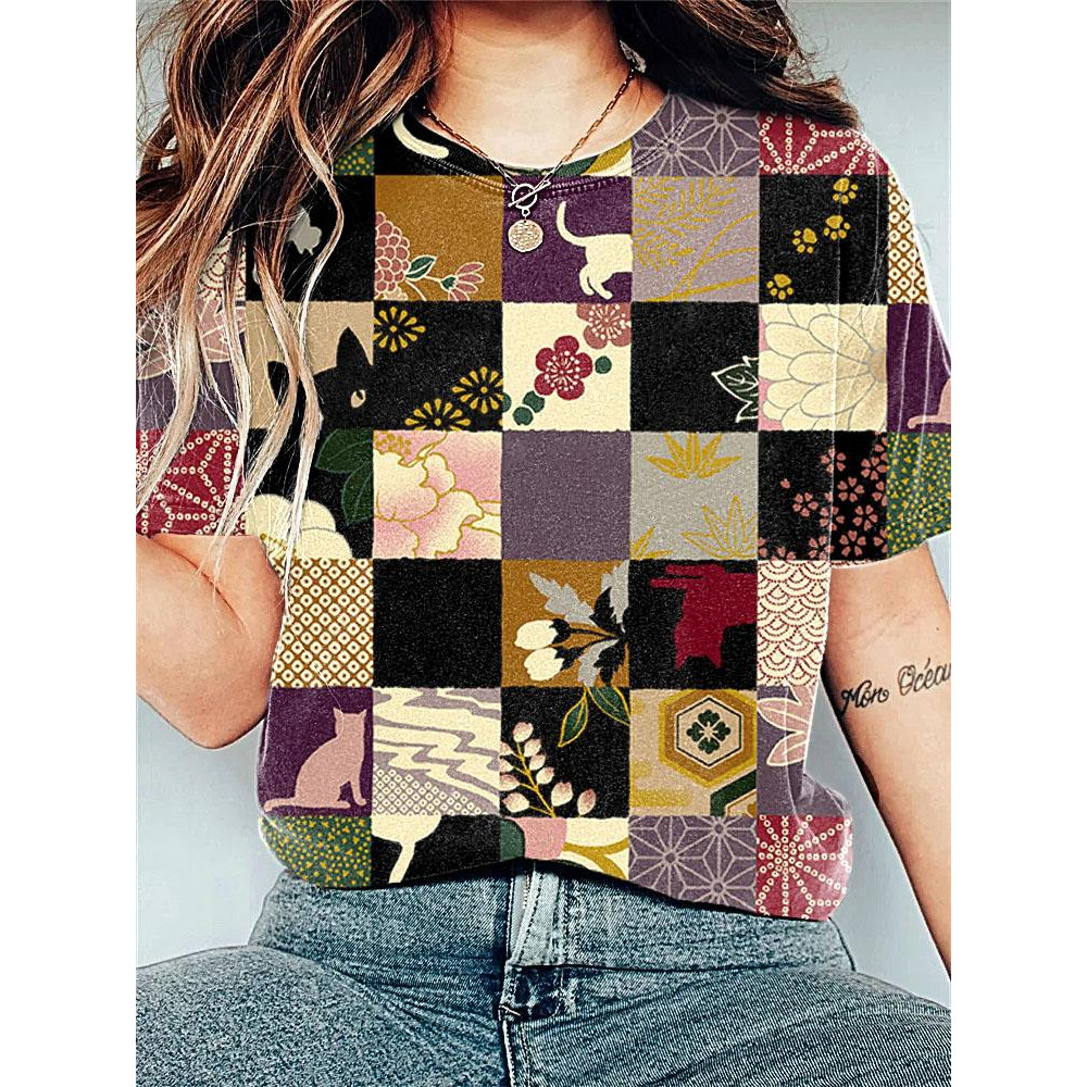 Funny Cats Japanese Art Floral Print Cotton Cozy T-shirt