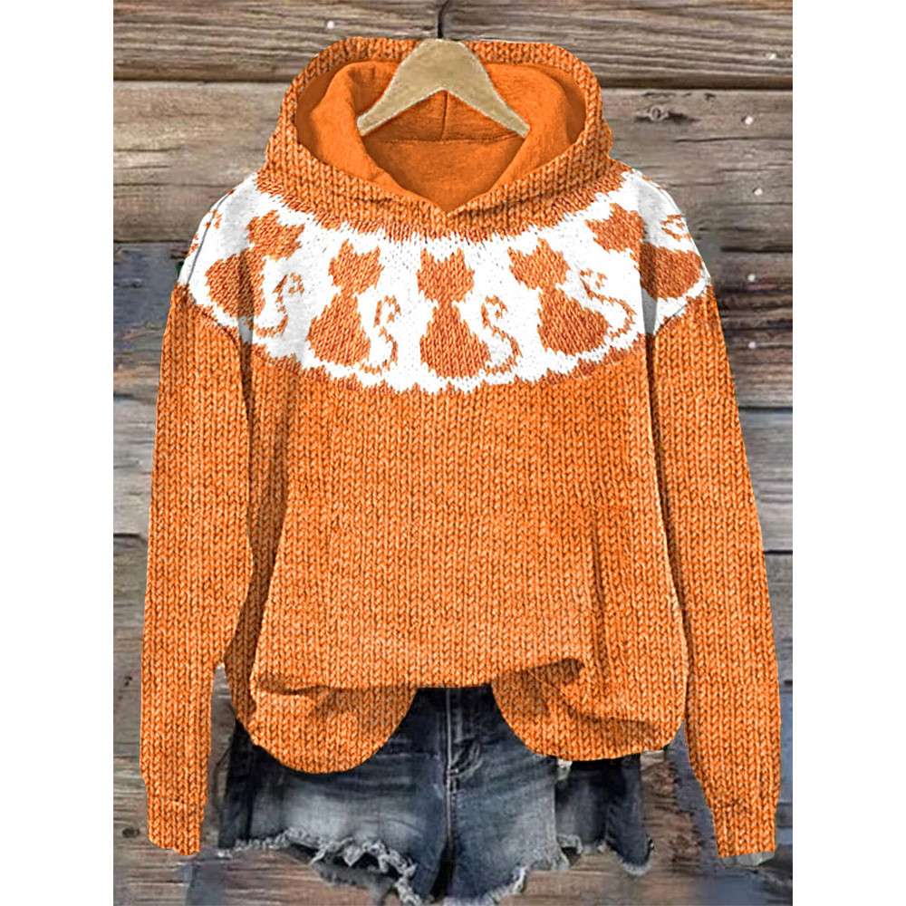 Funny Cats Knitted Art Casual Cozy Hoodie