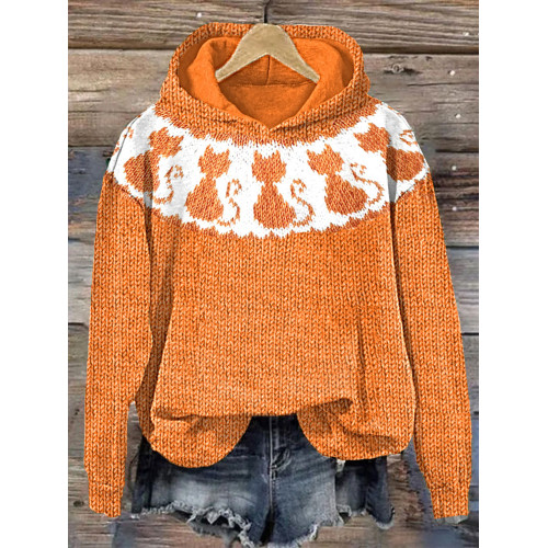 Funny Cats Knitted Art Casual Cozy Hoodie