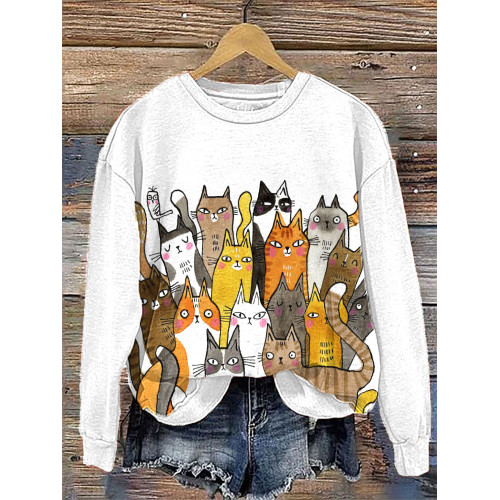 Funny Cats Print Casual Cozy Sweatshirt