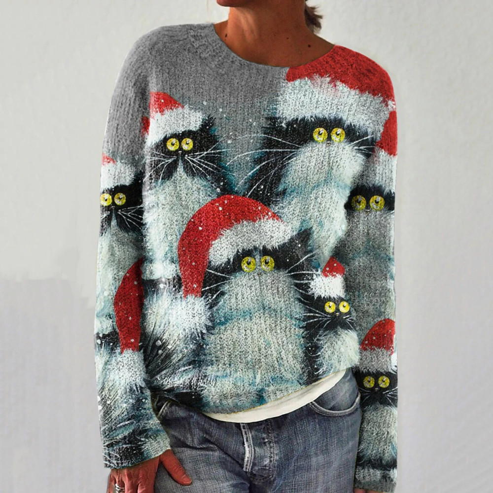 Funny Christmas Cat Print Casual Knit Pullover Sweater