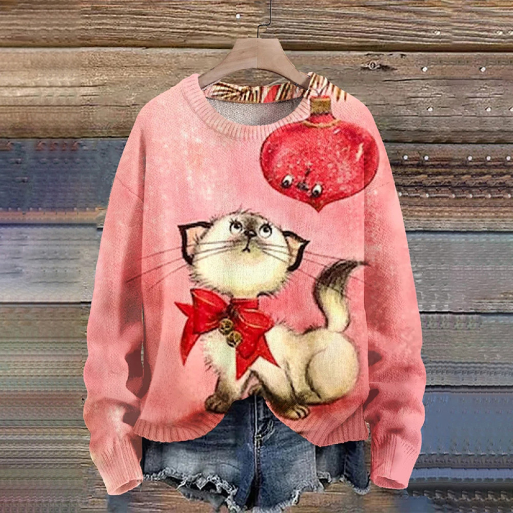 Funny Christmas Cat Print Knit Pullover Sweater