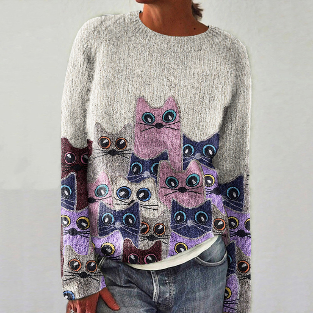 Funny Cute Cat Art Color Block Knitted Print Sweater