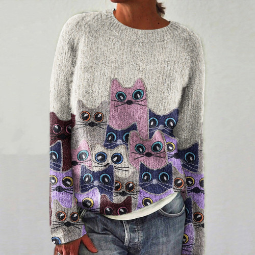 Funny Cute Cat Art Color Block Knitted Print Sweater