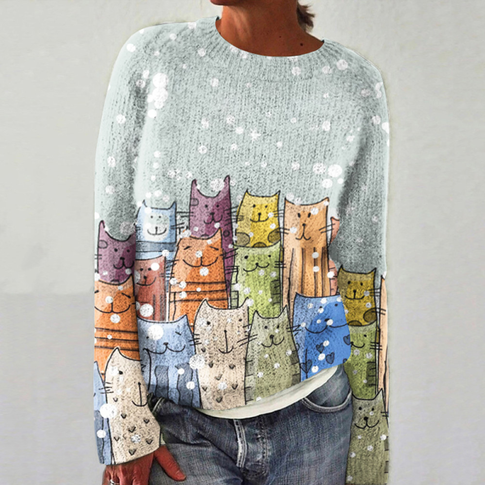 Funny Cute Cat Art Print Color Block Knitted Sweater
