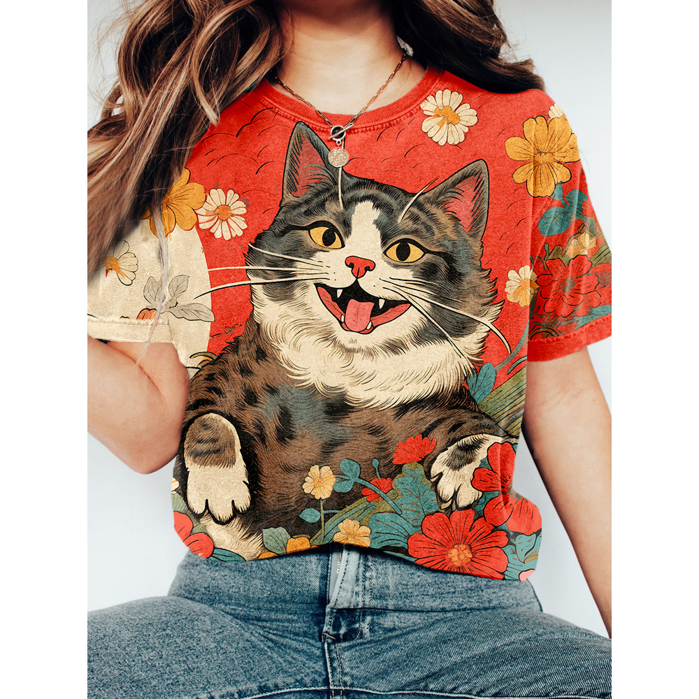 Funny Japanese Ukiyo-e Cat Art Vintage T Shirt