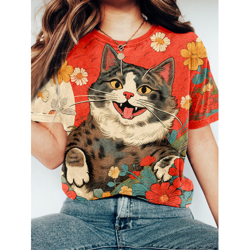 Funny Japanese Ukiyo-e Cat Art Vintage T Shirt